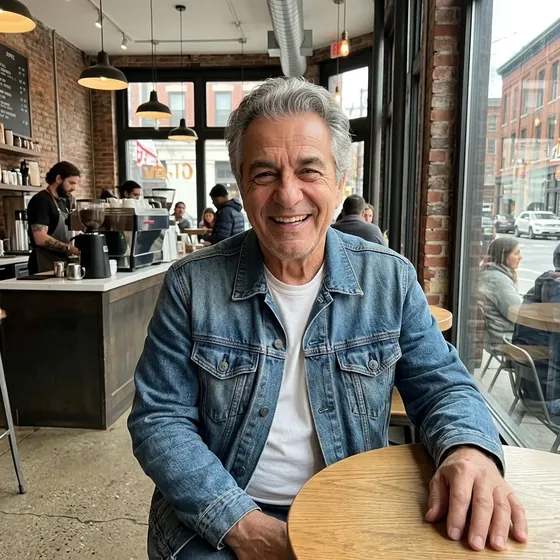 Man smiling at a cafe